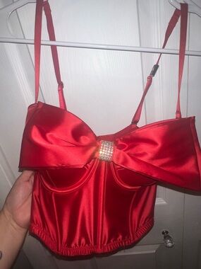 Red Satin Bow Bustier Top with Rhinestone Accent